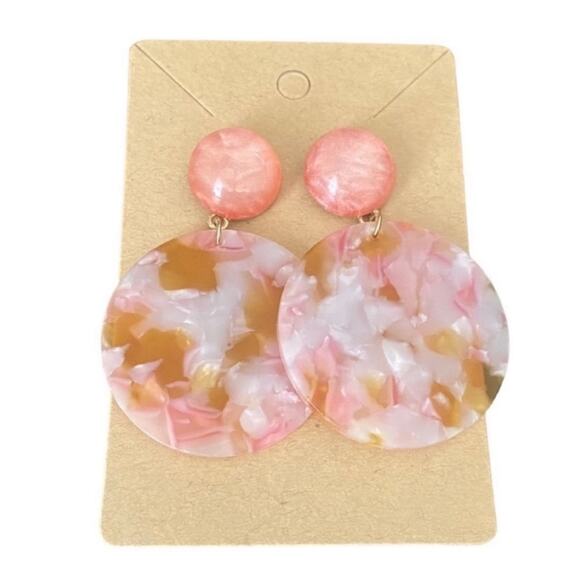 Pink and Brown Acrylic Marble Circle Drop Earrings - Picture 3 of 3